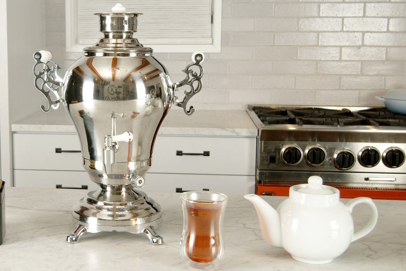 Tea Pot Raya RAYA Classic Samovar Silver Tea Maker With White Porcelain Teapot ...