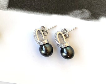 14k White Gold REAL Tahitian Pearl 8mm Diamond Earrings Push Back / Dainty and Delicate /  Matching set avalible / Great Gift For Her !!!