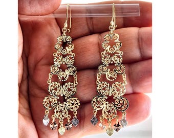 Gypsy Style Earrings Solid 14K Gold Dangling Chandelier Filigree Butterfly India Daisy-Traditional Mexican Artisanal Earrings Circular Flora
