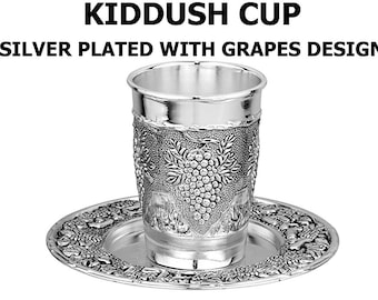 Kiddush Cup Decorative Plate Silver Plated Wine Goblet With Grape Design Classic Judaica Gift Traditional Shabbat Prayer Cup Kibbash Kiddish