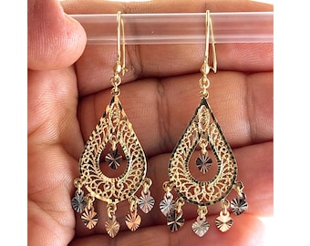 Gypsy Style Earrings Solid 14K Gold Dangling Chandelier Filigree Butterfly India Daisy-Traditional Mexican Artisanal Earrings Circular Flora