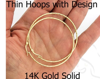 Big Round Hoop Earring 14K Yellow Solid Gold  / Large Thin Modern 14kt Hoop Earrings / Lightweight Hoops / Dainty / Snap Closure Thin