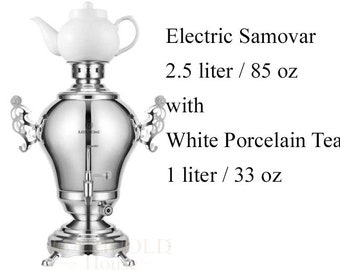 RAYA Classic Samovar | Silver Tea Maker with White Porcelain Teapot | Persian Tea Maker | Classic Design | Eye Catcher | самовар |