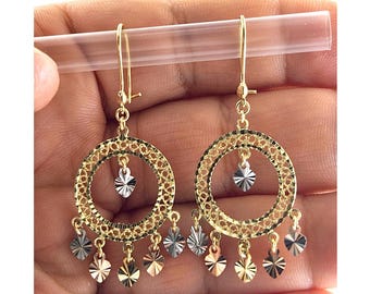 Gypsy Style Earrings Solid 14K Gold Dangling Chandelier Filigree Butterfly India Daisy-Traditional Mexican Artisanal Earrings Circular Flora