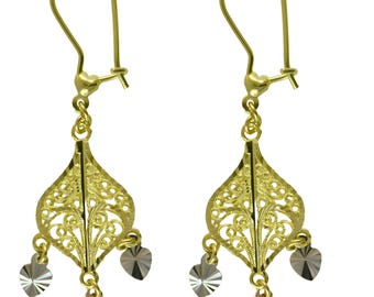 Gypsy Style Earrings Solid 14K Gold Dangling Chandelier Filigree Butterfly India Daisy-Traditional Mexican Artisanal Earrings Circular Flora