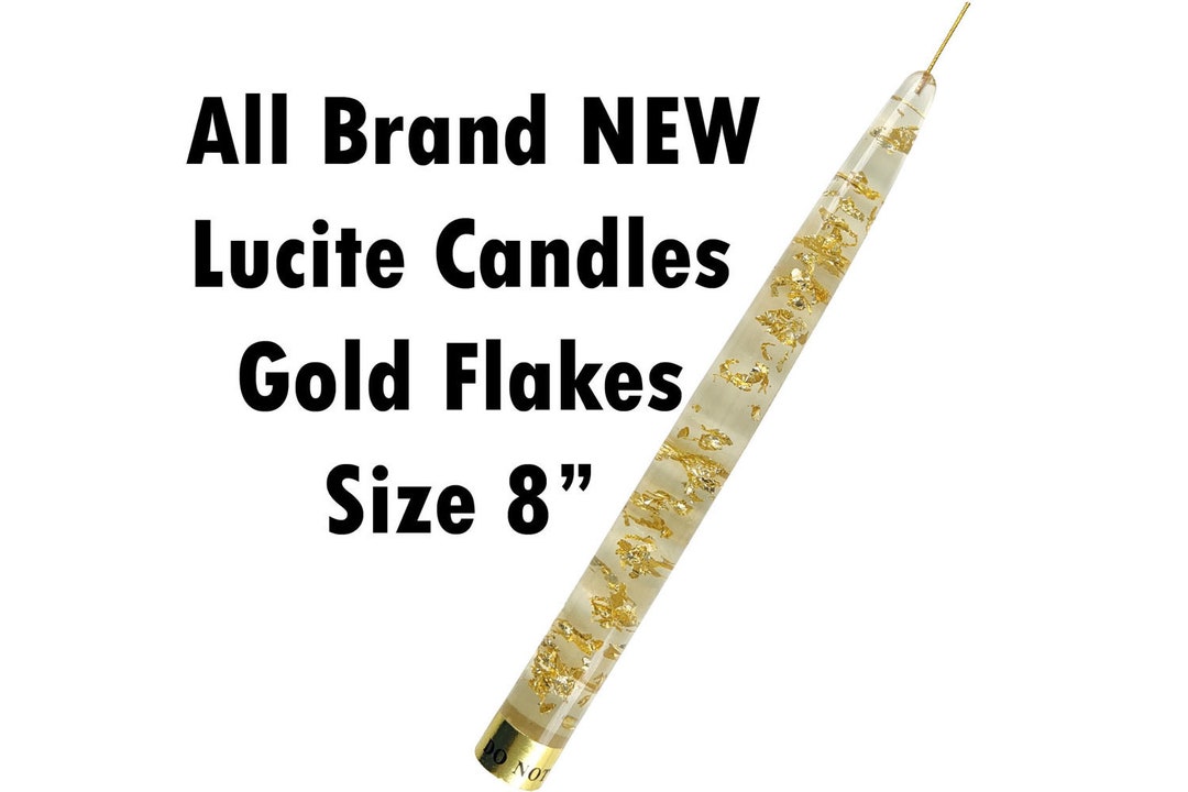 Gold Flakes Clear Lucite Acrylic Taper Candles Many Colors Foil Flecks