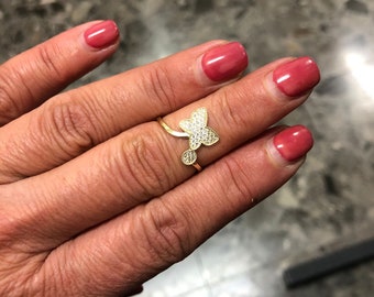 14K Solid Yellow Gold Dainty Butterfly Ring / Delicate Gold butterfly Jewelry Ring/ Trendy Stacking Ring/14K Solid Gold Tiny Diamond ring