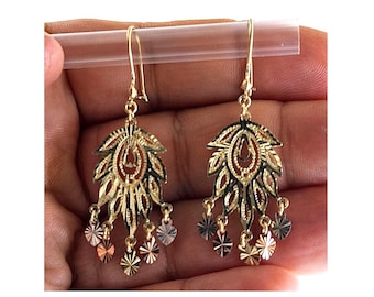 Gypsy Style Earrings Solid 14K Gold Dangling Chandelier Filigree Butterfly India Daisy-Traditional Mexican Artisanal Earrings Circular Flora