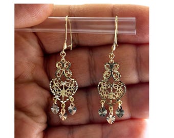 Gypsy Style Earrings Solid 14K Gold Dangling Chandelier Filigree Butterfly India Daisy-Traditional Mexican Artisanal Earrings Circular Flora
