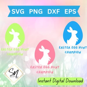 May include: Three digital designs featuring a white silhouette of a rabbit inside an egg shape. The eggs are coloured green, pink, and blue. The text "Easter Egg Hunt Champion" is below each egg.