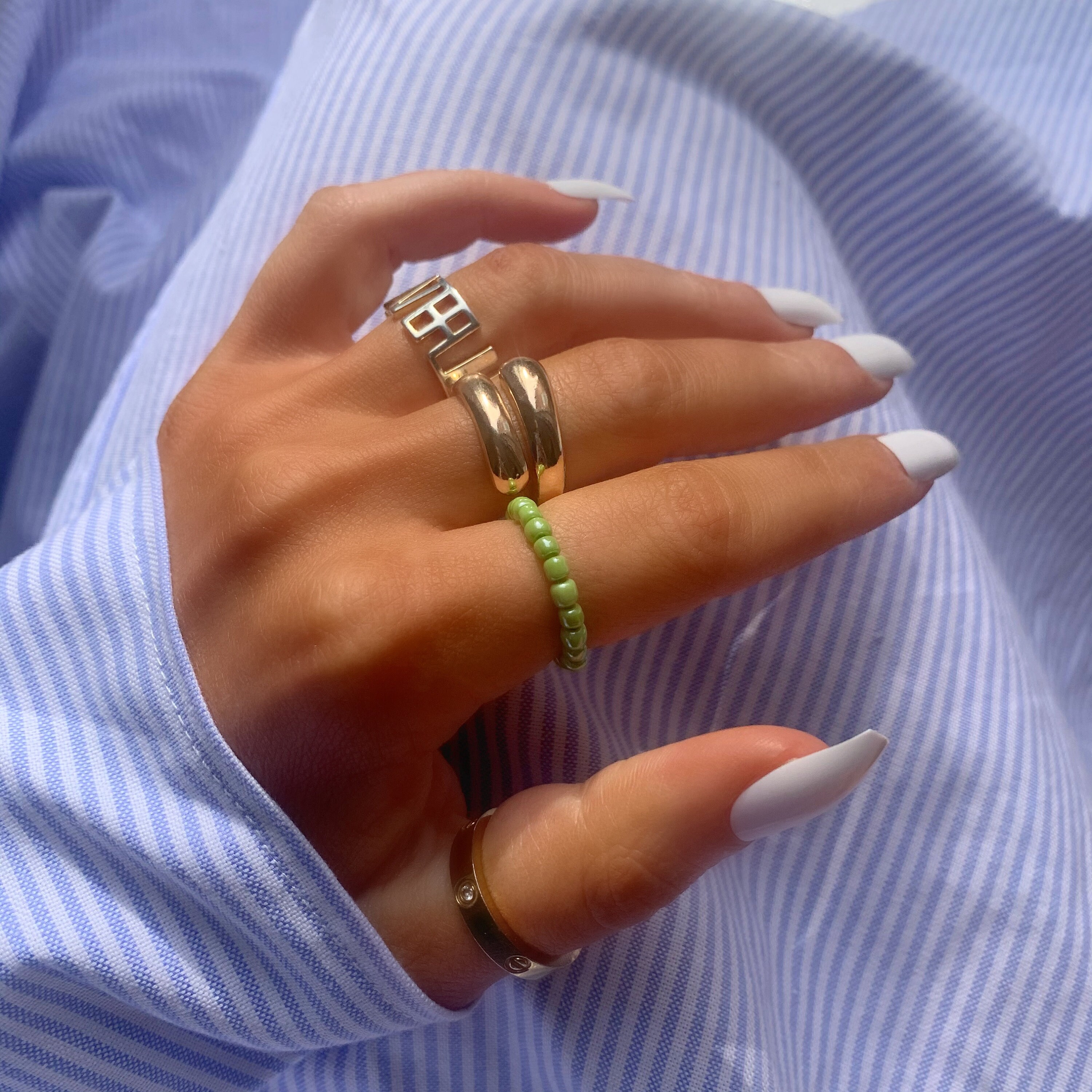 Handmade Sage Green Beaded Ring with Gold Fastening
