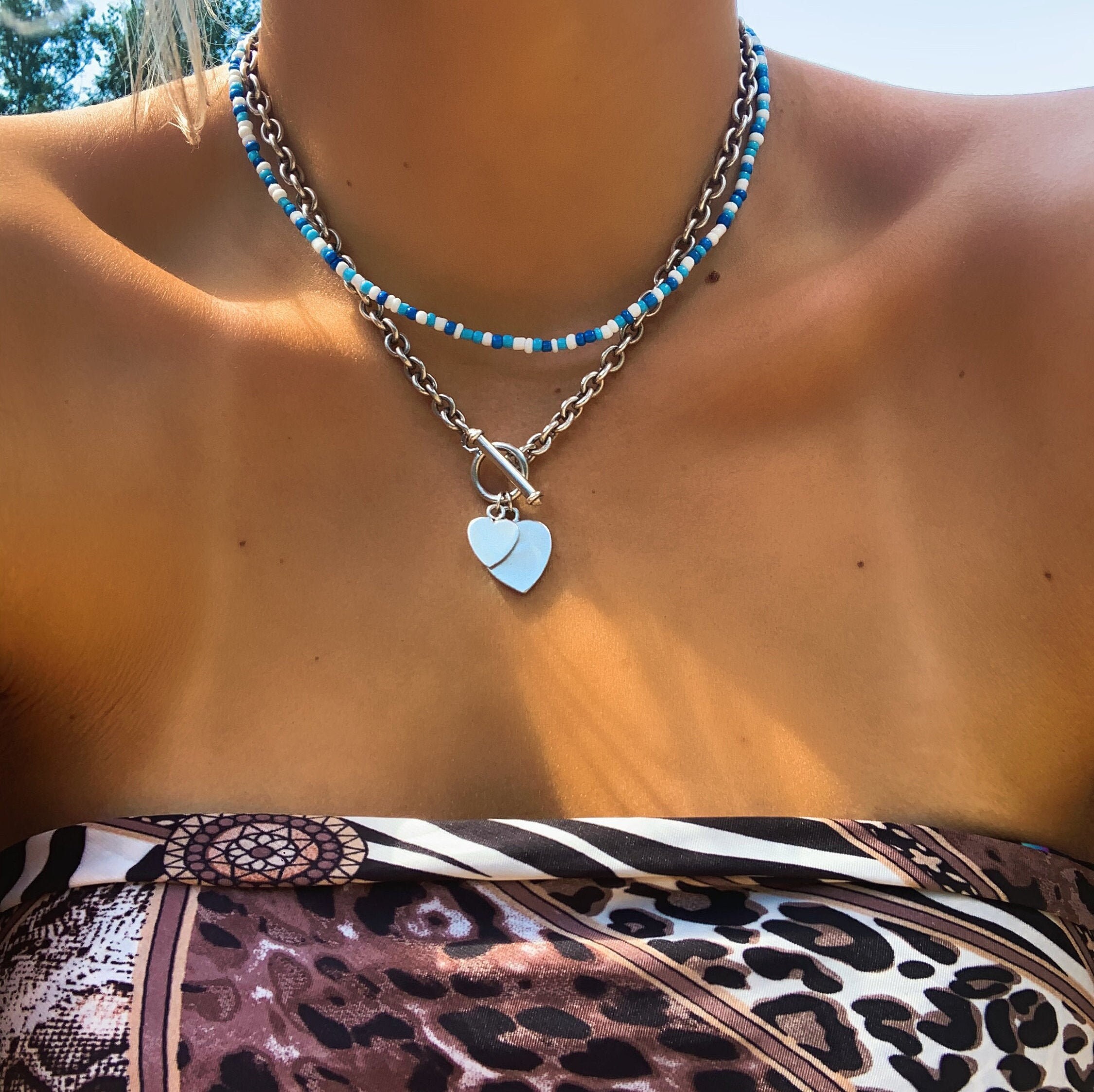 Y2K STYLE BEADED NECKLACE- handmade baby blue, dark blue and white