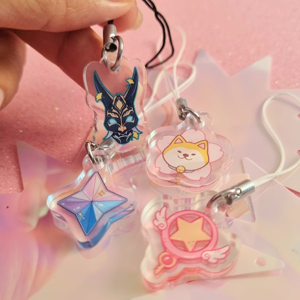 Encanto del teléfono - Llavero -Encanto del teléfono Kawaii - Accesorios lindos - Llavero anime - Correa del teléfono del jugador - Primogem -Xiao - Sakura - Shiba Inu