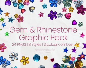 May include: A collection of 24 colourful gem and rhinestone graphics in 8 styles and 3 colour combinations. The graphics include stars, flowers, hearts, and round gems. The text "Gem & Rhinestone Graphic Pack" is displayed in the centre of the image. The text "24 PNGS | 8 Styles | 3 colour combos" is displayed below the title. The text "stellar studio by annabelle." is displayed in the bottom centre of the image.