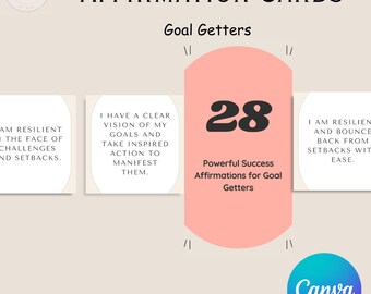 May include: Affirmation cards with the text "AFFIRMATION CARDS" and "Goal Getters". The cards have affirmations such as "I have a clear vision of my goals and take inspired action to manifest them." A pink card in the centre says "28 Powerful Success Affirmations for Goal Getters."