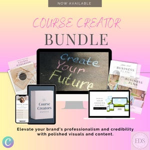 Puede incluir: Imagen promocional para un "Course Creator Bundle" con un monitor de computadora, tableta, teléfono inteligente y materiales impresos. La frase "Create Your Future" está escrita en el monitor. La imagen tiene un fondo degradado rosa y amarillo.