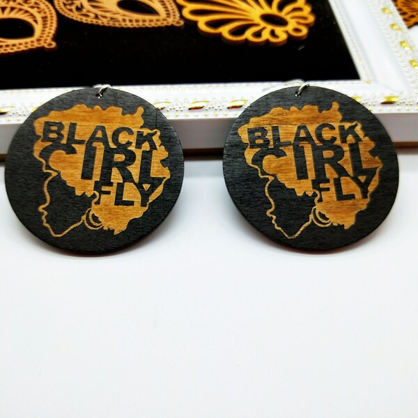 African Wood Round Earrings (see Options), Stocking Stuffer, Black Girl Fly, Black Queen, Unpolished Queen with Afro