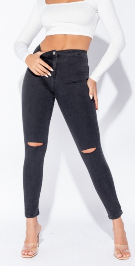 Charcoal Knee Slash High Waisted Jeggings, Slim and Sexy Jeans
