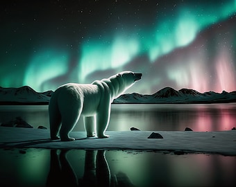 Polar Bear Aurora - Stunning Digital Art of a Polar Bear watching the Aurora Borealis in the Arctic