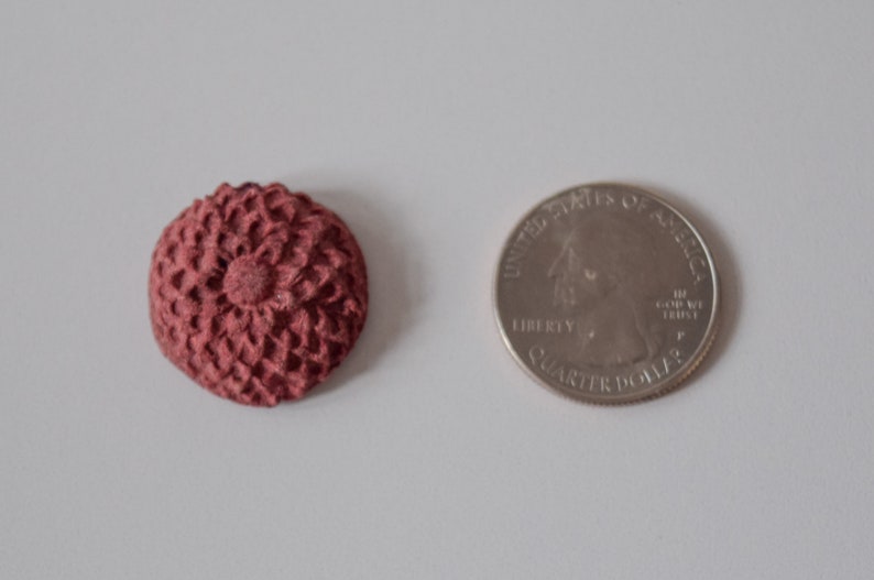 Pu&ograve; includere: Un primo piano di un piccolo bottone a forma di fiore rosso lavorato a uncinetto. Il bottone &egrave; circa delle dimensioni di una moneta da 25 centesimi di dollaro americano.
