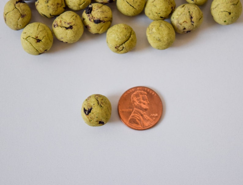 K&ouml;nnte beinhalten: Eine Ansammlung kleiner, runder, hellgr&uuml;ner, texturierter Kugeln mit dunkelbraunen Einschl&uuml;ssen, die &uuml;ber den Rahmen verstreut sind. Eine Kugel liegt neben einer kupferfarbenen Ein-Cent-M&uuml;nze aus den USA, um die relative Gr&ouml;&szlig;e der Objekte zu zeigen.