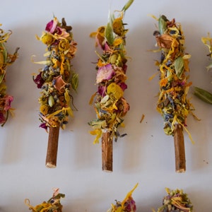 K&ouml;nnte beinhalten: F&uuml;nf Trockenblumen-B&uuml;ndel auf Holzst&auml;ben. Die B&uuml;ndel bestehen aus verschiedenen Trockenblumen in Gelb-, Orange-, Rosa- und Lilat&ouml;nen. Die St&auml;be sind hellbraun, der Hintergrund ist wei&szlig;.