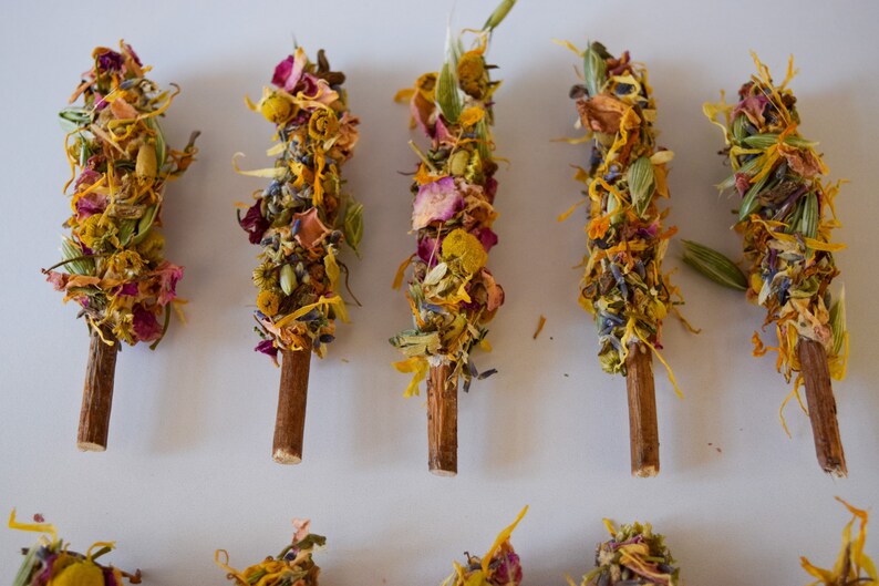 K&ouml;nnte beinhalten: F&uuml;nf Trockenblumen-B&uuml;ndel auf Holzst&auml;ben. Die B&uuml;ndel bestehen aus verschiedenen Trockenblumen in Gelb-, Orange-, Rosa- und Lilat&ouml;nen. Die St&auml;be sind hellbraun, der Hintergrund ist wei&szlig;.