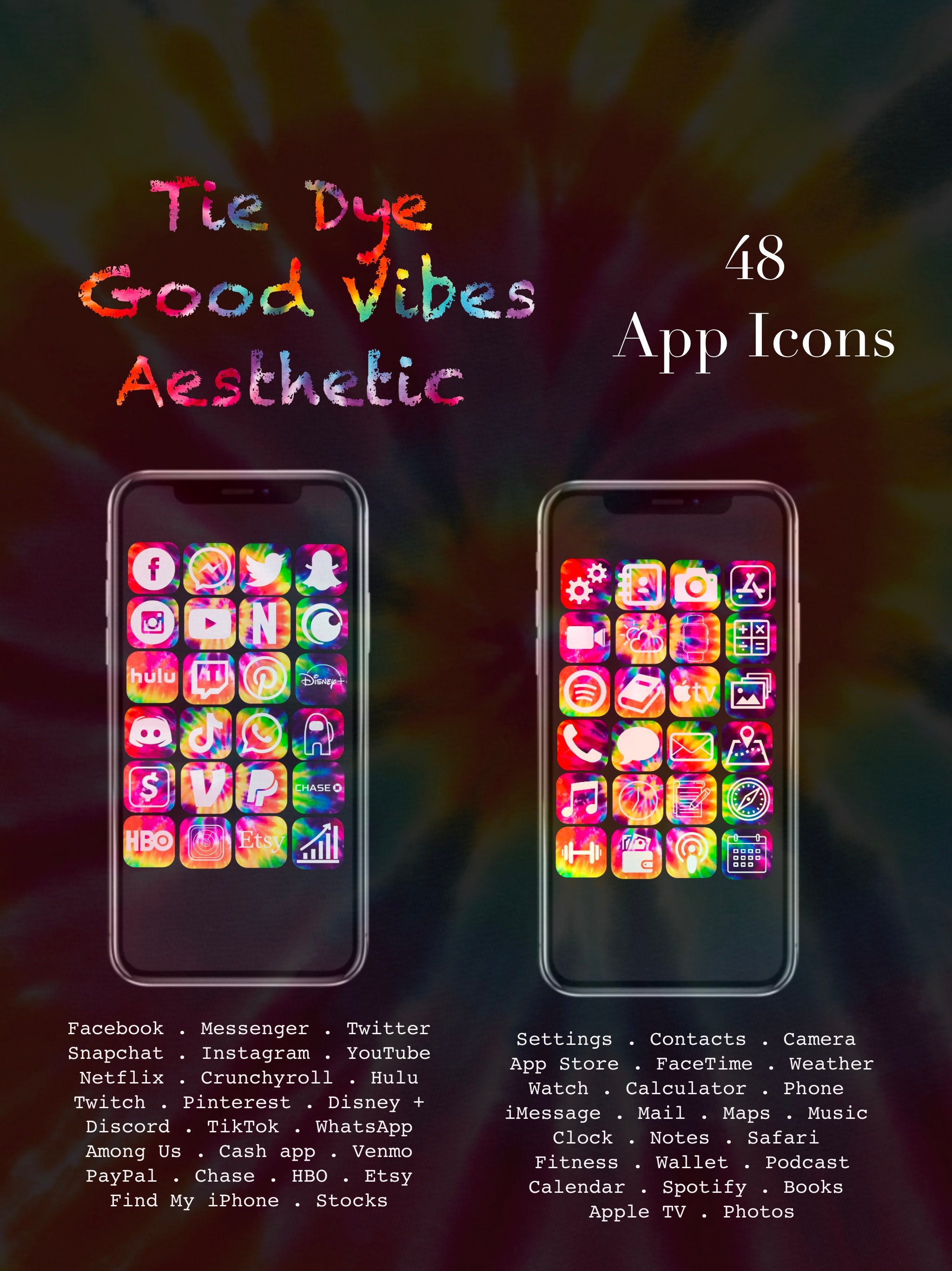 Tie Dye Chill Vibes Aesthetic Icons 48 Ios 14 App Icons Etsy