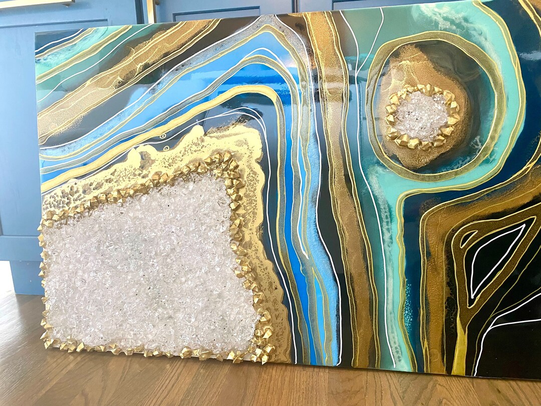 Large Blue & Gold Geode Art, Geode Painting, Aqua Resin Geode Art With ...
