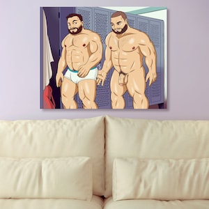 Gay Bara Art - Slap it - Print gay bear men in locker room scene  gay art  naked anime print