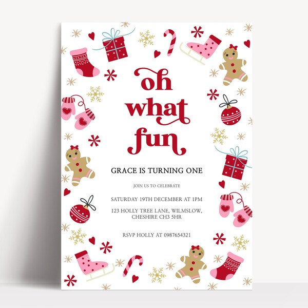 Editable Girls Christmas Birthday Party Invitation Template, Printable Red & Pink Oh What Fun Cute Gingerbread Man Invites, Instant Download