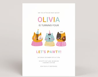 Cat Birthday Party Invitation Kitten Birthday Invite Kitty Cat Lets Pawty Party Are You Kitten Me Meow Party Kitten Girl Birthday Invitation