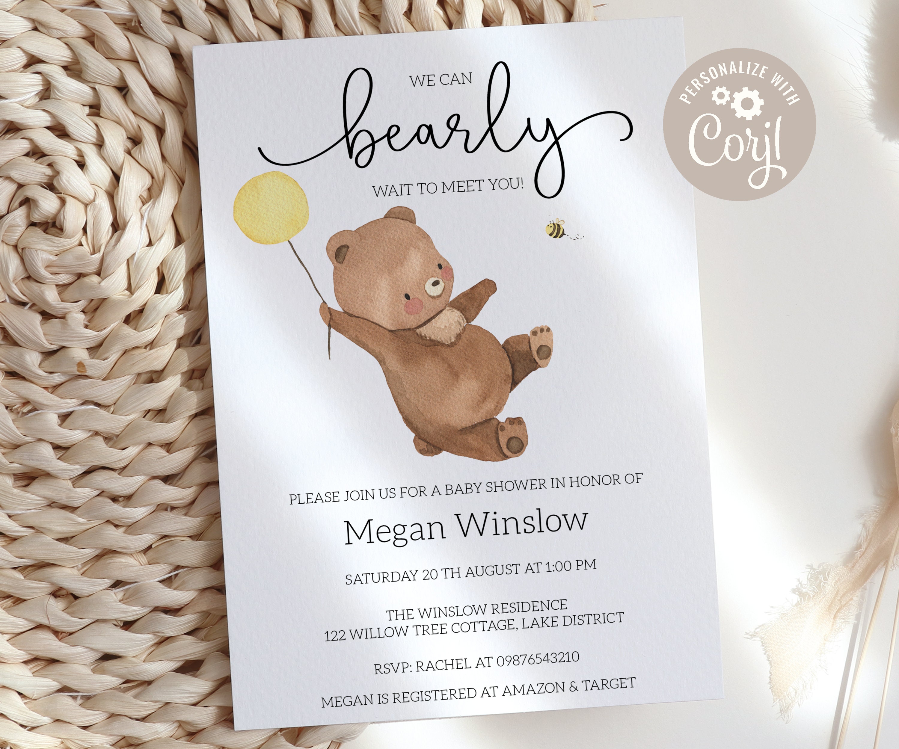 Teddy Bear Baby shower Invitation Bearly Wait Invites Bear | Etsy