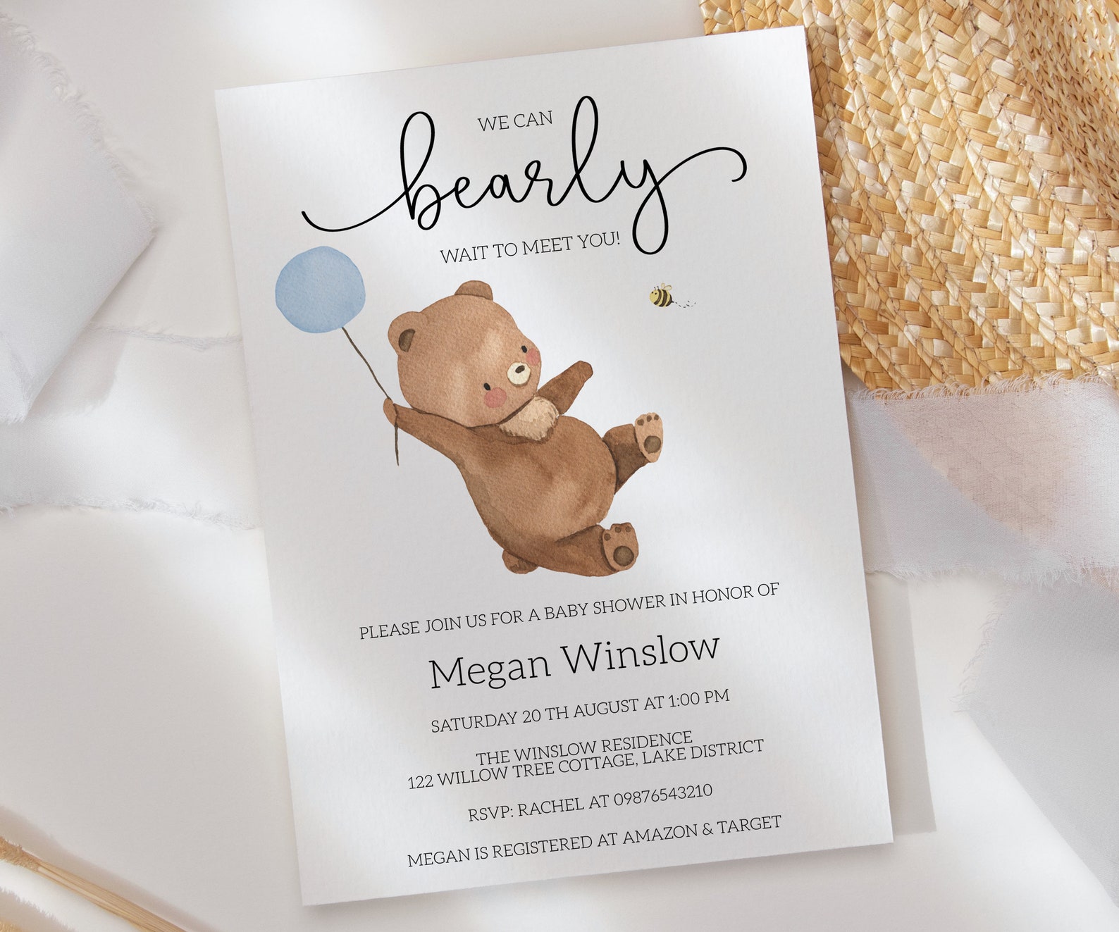 Bear Baby Shower Invitation, Boy Baby Shower Invites, Bear With Balloon