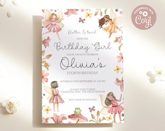 Fairy Birthday Invitation, Flower Fairy Invite, Flutter and Twirl, Enchanted Woodland, Garden Tea Party, Woodland Fairy Princess Birthday 01