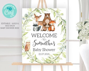 Woodland Baby Shower Welcome Sign Editable Baby Shower Sign, Woodland Animal Baby shower, Welcome Sign Baby Shower Decor, Printable Sign, 10