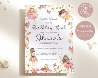 Fairy Birthday Invitation, Fairy Invite, Flutter and Twirl Fairy, Enchanted Woodland Flower Fairy, Printable, Instant Digital Download 01