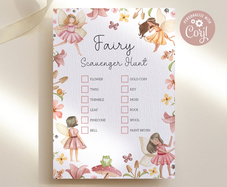 Fairy Scavenger Hunt Game, Editable Printable Woodland Fairy Party Game, Fairy Birthday Activity, Whimsical fairy Treasure Game Template 01 image 1