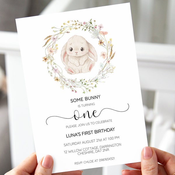 Some Bunny Is One Invitation Bunny Birthday Invite Baby Girl First Birthday Bunny 1st Birthday Floral Spring Bunny Theme Invite