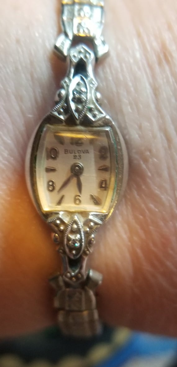 10K GF Vintage Bulova 23 Woman  Two Diamonds Wrist