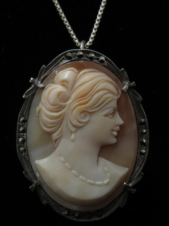 Antique Shell Cameo  800 Silver  Pendant  Brooch … - image 1