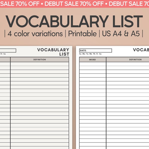 Liste minimale de vocabulaire imprimable | Fiche d'exercices sur les notes de vocabulaire | de Carnet d'études linguistiques | Livre de mots PDF | Encarts pour agenda Voca Card