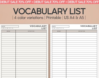 Minimal Vocabulary List Printable | Vocabulary Note Worksheet | Language Study Notebook Template | Word Book Pdf | Voca Card Planner Inserts
