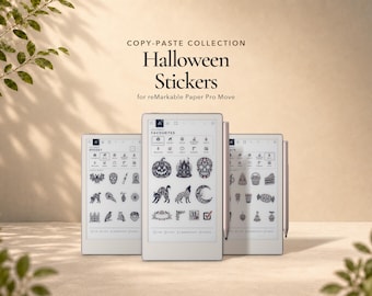 Può includere: Tre tablet digitali che mostrano una collezione di adesivi di Halloween con icone in linea nera che includono zucche, teschi, gatti e lune. Il testo recita COPY-PASTE COLLECTION Halloween Stickers for reMarkable Paper Pro Move.
