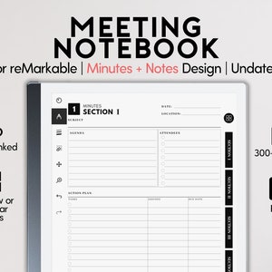 Könnte beinhalten: Ein schwarz-weißes digitales Notizbuch, das für das reMarkable Tablet entwickelt wurde. Das Notizbuch dient zum Führen von Protokollen und Notizen aus Meetings. Das Notizbuch enthält einen Abschnitt für Datum, Ort, Teilnehmer, Tagesordnung, Aktionsplan, Verantwortlichen und Fälligkeitstermin. Das Notizbuch umfasst über 300 Seiten und ist als PDF verfügbar.