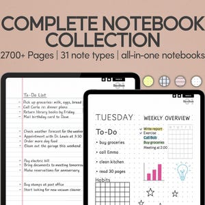 Könnte beinhalten: Digitale Notizbuchsammlung mit über 2700 Seiten und 31 Notiztypen. Das Bild zeigt zwei Tablets mit To-Do-Listen und Wochenübersichten. Der Text enthält "Complete Notebook Collection" und "all-in-one notebooks".