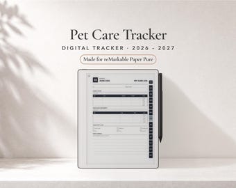 Può includere: Un tracker digitale per la cura degli animali domestici per reMarkable Paper Pure, con calendario 2026-2027. Lo schermo mostra un registro con sezioni per cibo, farmaci e note sulla salute, accompagnato da uno stilo nero fissato sul lato.
