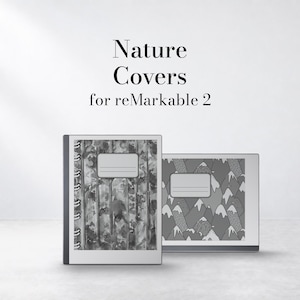 May include: Two digital tablet covers for reMarkable 2, featuring the text Nature Covers for reMarkable 2. One cover displays a vertical abstract forest pattern, while the other shows a repeating mountain range graphic with white peaks.