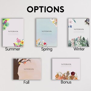 K&ouml;nnte beinhalten: F&uuml;nf verschiedene Notizbuch-Cover-Designs mit floralen und Naturmotiven. Die Cover sind mit "Sommer", "Fr&uuml;hling", "Winter", "Herbst" und "Bonus" beschriftet.