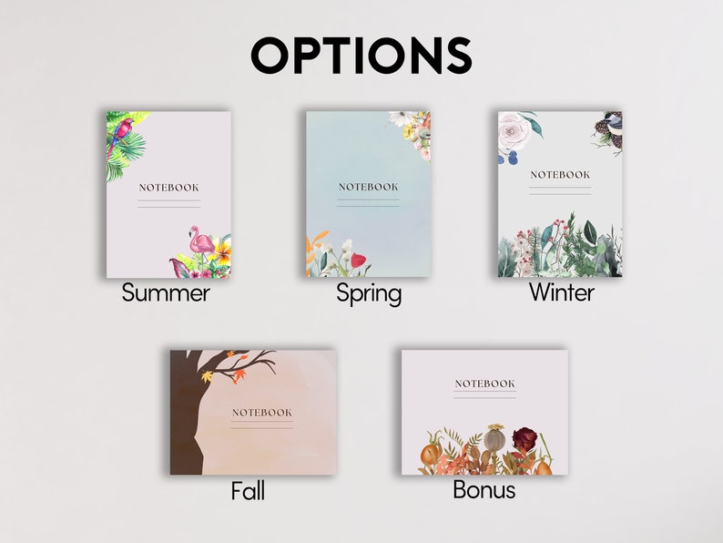 K&ouml;nnte beinhalten: F&uuml;nf verschiedene Notizbuch-Cover-Designs mit floralen und Naturmotiven. Die Cover sind mit "Sommer", "Fr&uuml;hling", "Winter", "Herbst" und "Bonus" beschriftet.